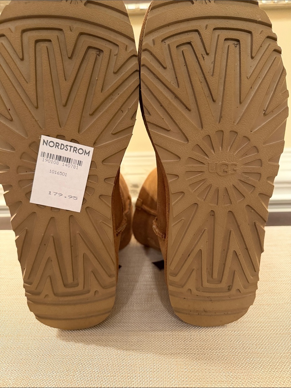 UGG Chestnut Suede Short Boots with Brown Satin Bows - Picture 6 of 7